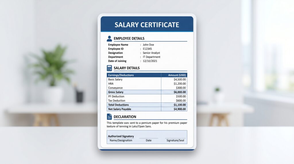Thumbnail preview of salary certificate Word download file with formal document layout