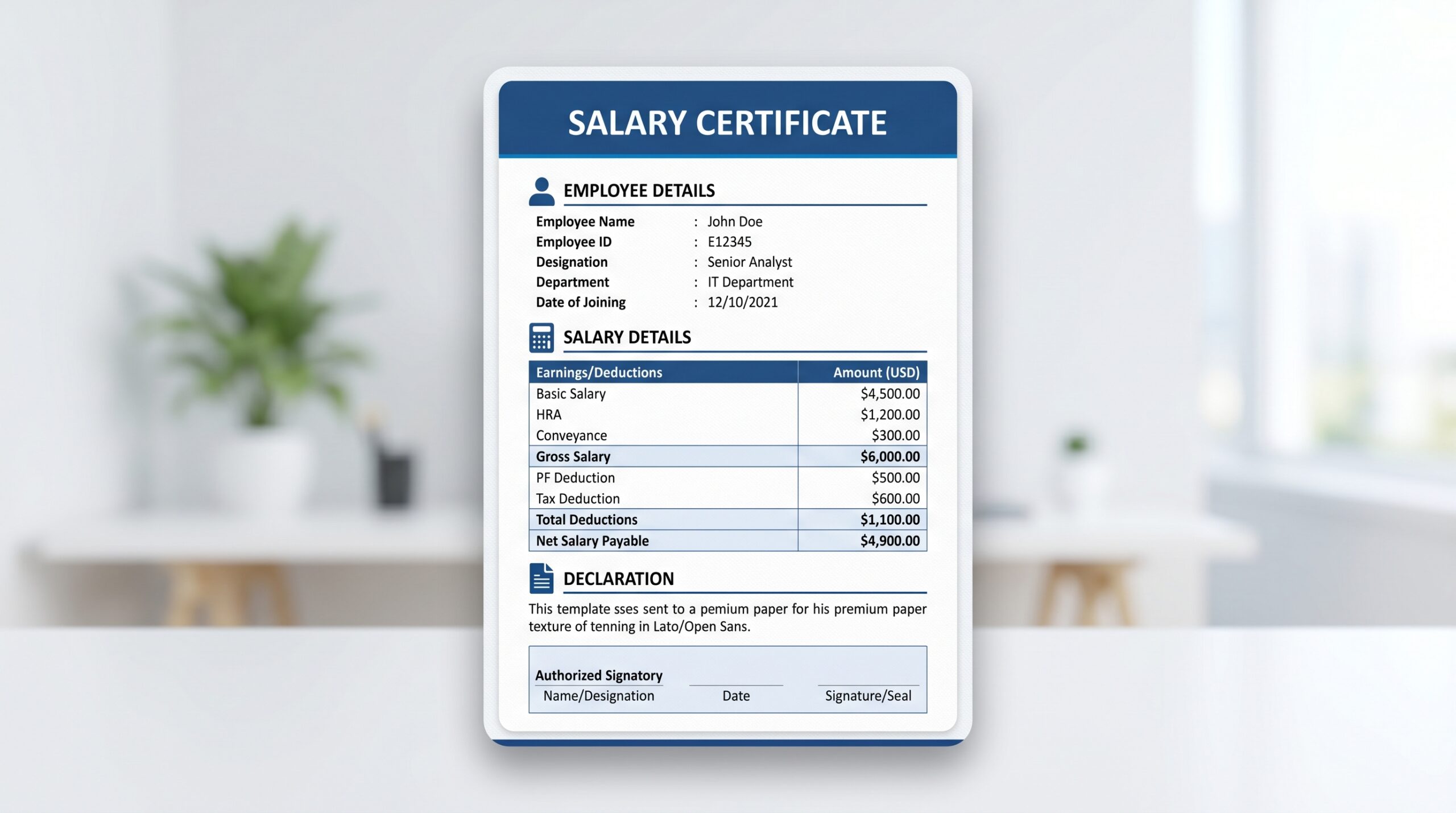 Thumbnail preview of salary certificate Word download file with formal document layout