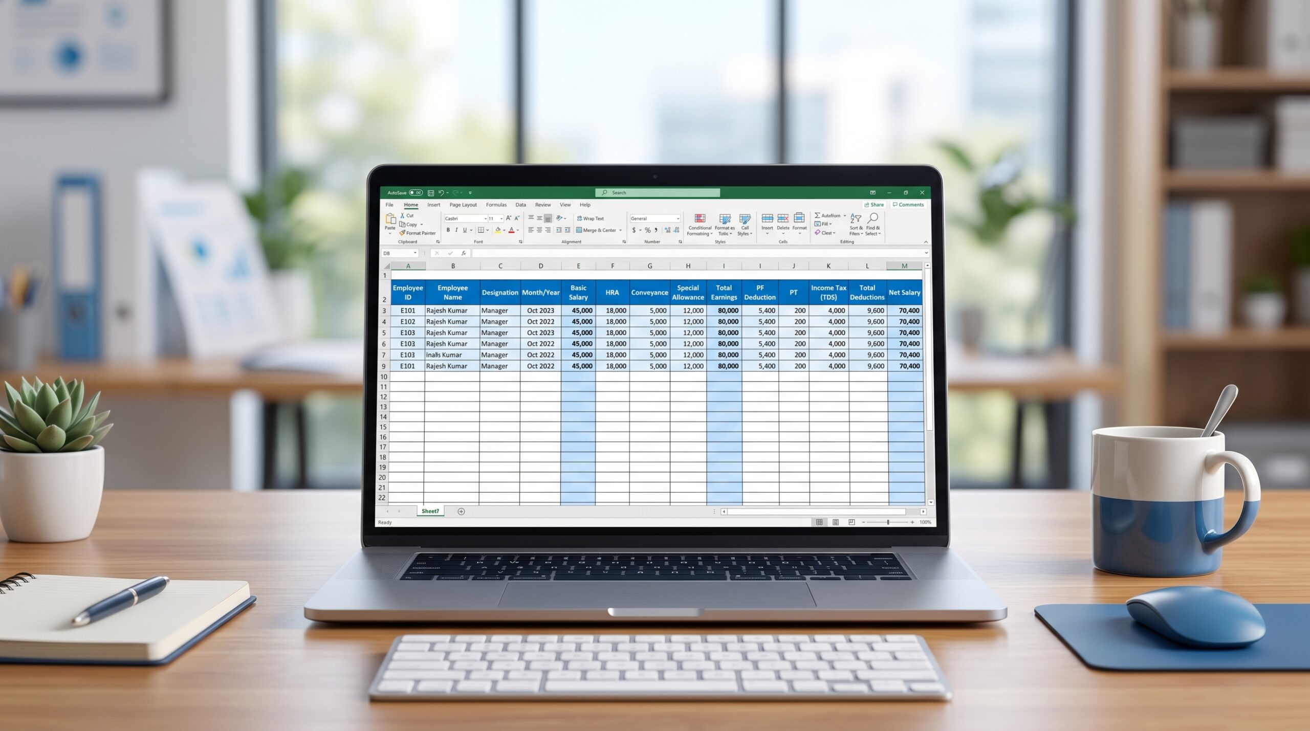 Featured image showing salary slip format in Excel on a laptop screen for payroll and HR use