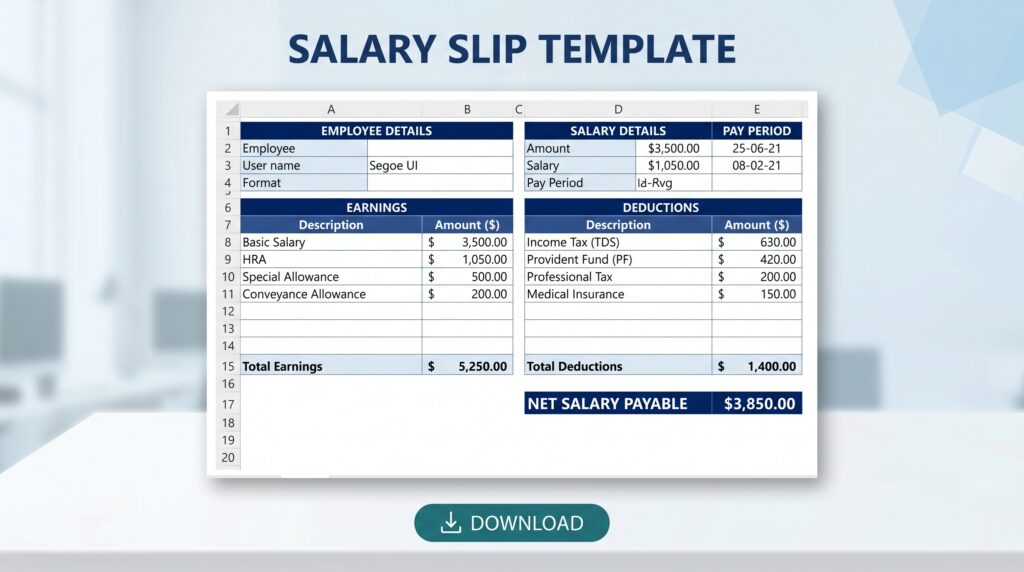 Thumbnail preview of salary slip format Excel download file with spreadsheet-style layout